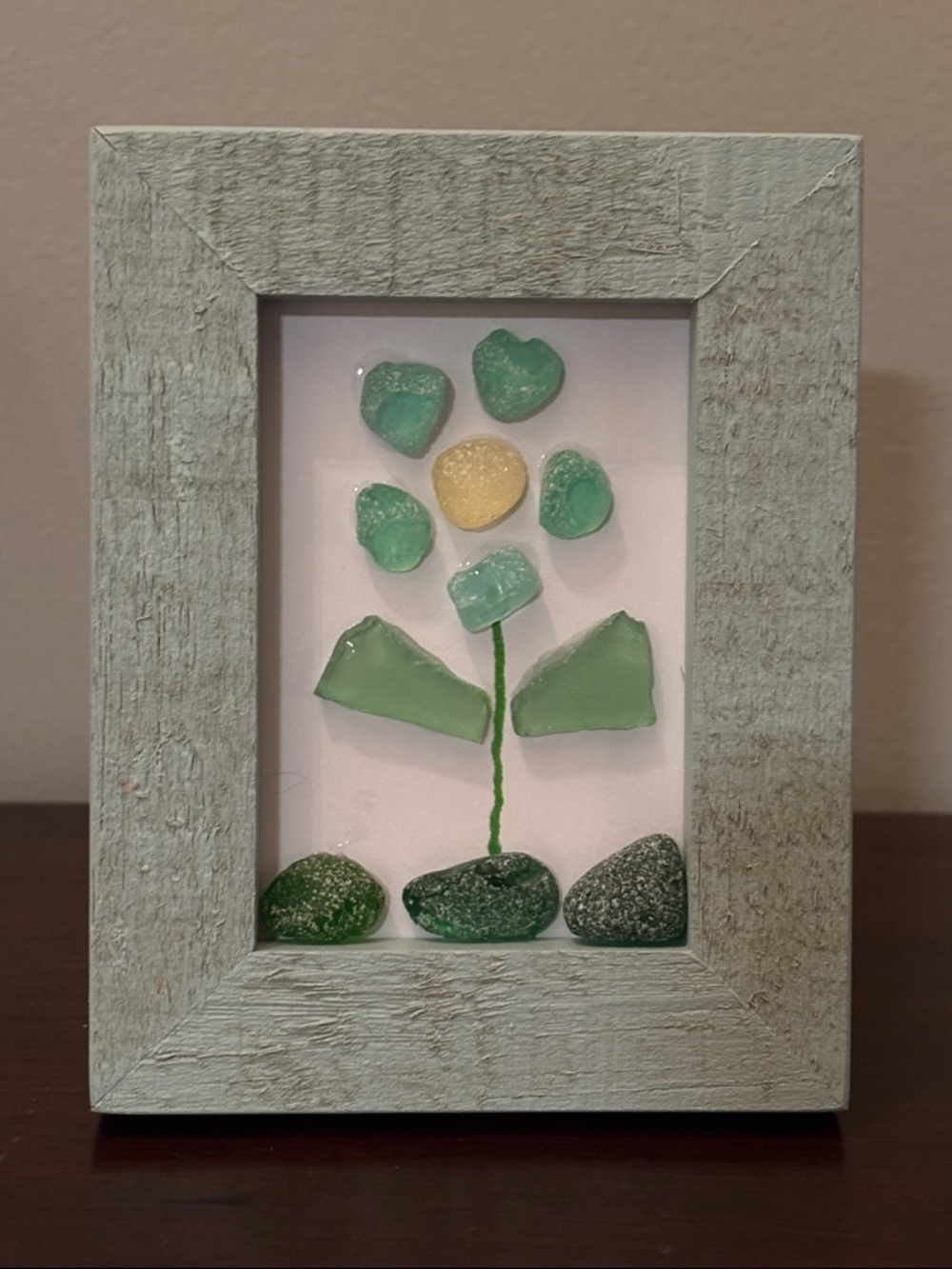 Framed Sea Glass Flower Art - Aqua & Green Colors